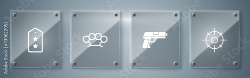 Set Target sport, Pistol gun, Brass knuckles and Military rank. Square glass panels. Vector
