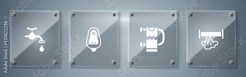 Set Broken pipe, Heated towel rail, Toilet urinal or pissoir and Water tap. Square glass panels. Vector
