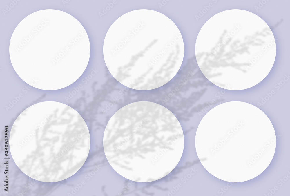 Mockup with vegetable shadows superimposed on 6 round sheets of textured white paper on a violet table background Mockup with vegetable shadows superimposed on 6 round sheets of textured white paper on a violet table background