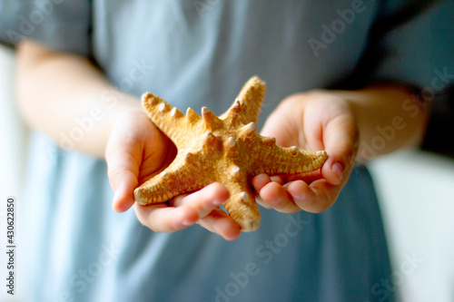 Child holding  starfish in his hands
