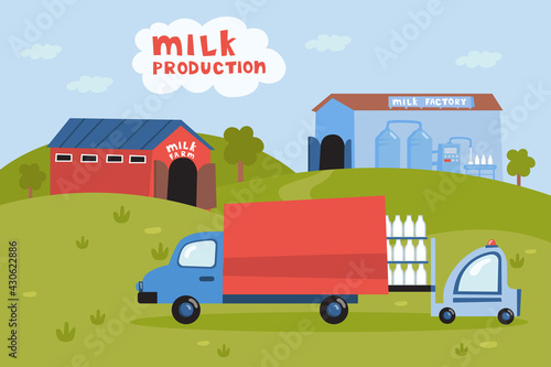 Truck picking up milk from farm vector illustration. Forklift loading bottles of milk into car, transportation of dairy products, milk factory. Milk production, dairy, industry, food concept