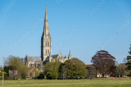 Salisbury, Wiltshire, England, UK. 2021. The famous Salisbury Cathedral viewed across the watermeadows area of the city.