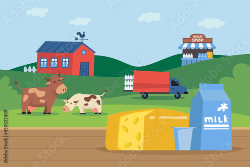 Carton of milk and cheese in front of milk farm illustration. Happy cow eating grass, truck loading bottles of milk, house and shop. Farming, agriculture, milk production, dairy products concept