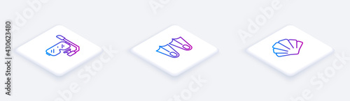 Set Isometric line Diving mask and snorkel, Rubber flippers and Scallop sea shell. White square button. Vector