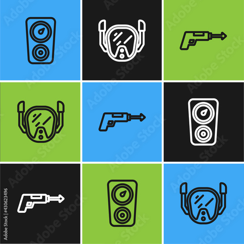 Set line Gauge scale, Fishing harpoon and Diving mask icon. Vector