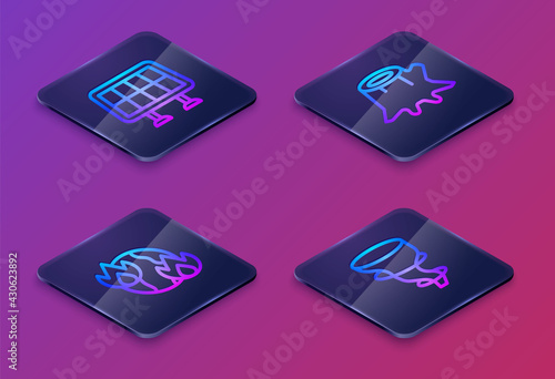 Set Isometric line Solar energy panel, Global warming fire, Tree stump and Tornado. Blue square button. Vector