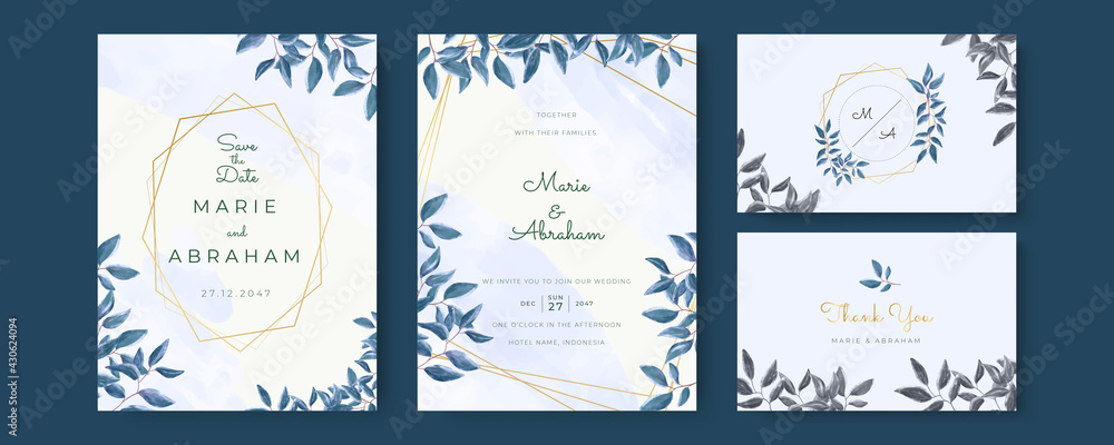 Set of card with flower rose, leaves. Wedding navy blue and gold concept. Floral poster, invite. Vector decorative greeting card or invitation design background