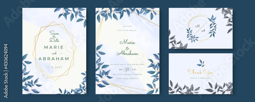 Set of card with flower rose  leaves. Wedding navy blue and gold concept. Floral poster  invite. Vector decorative greeting card or invitation design background