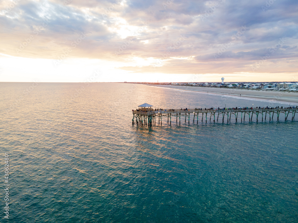 Drone View of Oceanana Pier in Atlantic Beach on the Crystal Coast of North Carolina at Sunset