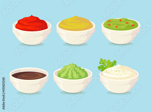 Set of cartoon sauces flat vector illustration. Collection of bowls with colorful spicy mustard, ketchup guacamole, wasabi, chili, avocado sauces in blue background. Food, menu, sauce, cuisine concept