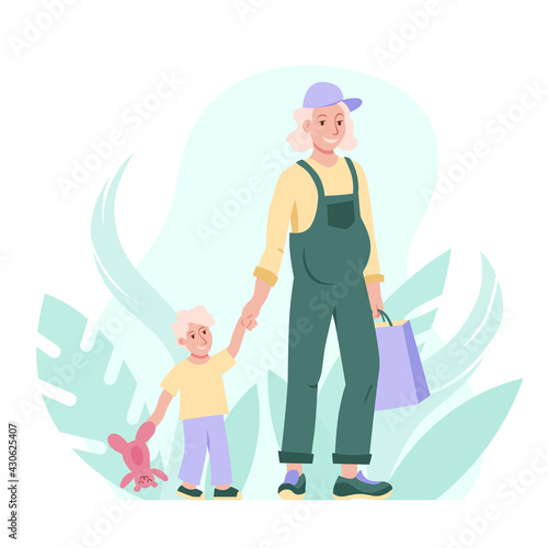 Happy pregnant woman standing with her toddler child cute cartoon style vector illustration. Active pregnancy, motherhood concept.