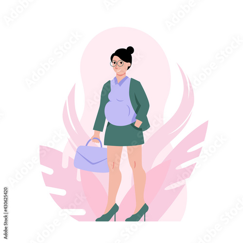Happy pregnant business woman standing cute cartoon style vector illustration. Active pregnancy, motherhood concept.