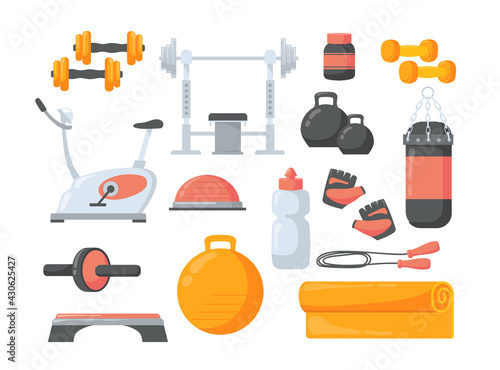 Set of cartoon fitness equipment flat vector illustration. Collection of different gym exercisers as kettlebell, exercise ball, dumbbells, skipping rope. Sport, workout, pilates, training concept