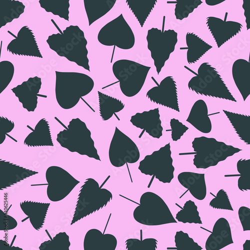 Seamless pattern with mix of dark cordate leaves on a pink background. Vector, eps 10.