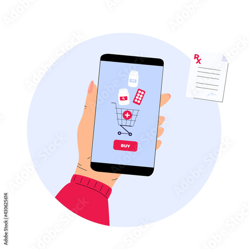 Online pharmacy. Female hand is holding smartphone with app to buy pills. Mobile service for purchasing medicines