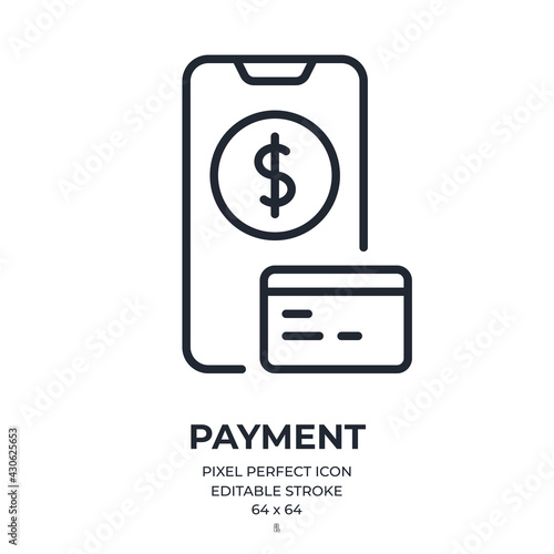 Mobile payment concept editable stroke outline icon isolated on white background flat vector illustration. Pixel perfect. 64 x 64.