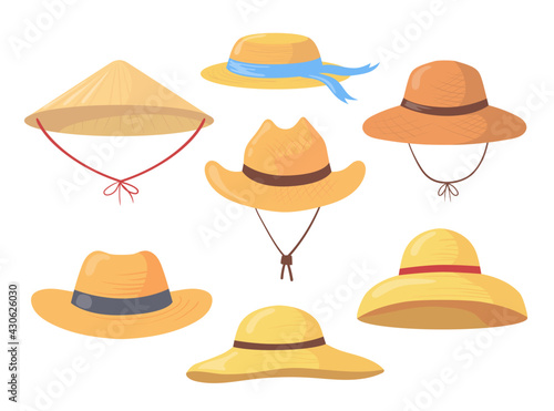 Cartoon set of different farmer straw hats. Flat vector illustration. Collection of colorful gardener or agricultural worker summer headdresses. Clothes, farming, style, fashion, headdress concept