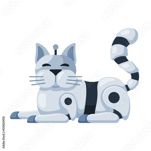 Robot cat cartoon icon. Electronic kitten friend. Pet, metal domestic animal companion. © Vikivector