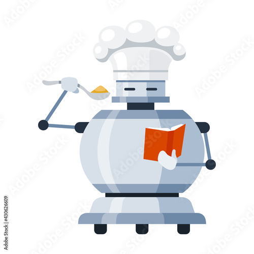 Robot cook on wheels in chefs hat cartoon icon. Humanoid robot keeping spoon, cookbook.