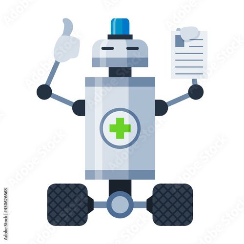 Robot doctor on wheels showing ok sign and keeping paper sheet with medical analysis, anamnesis.