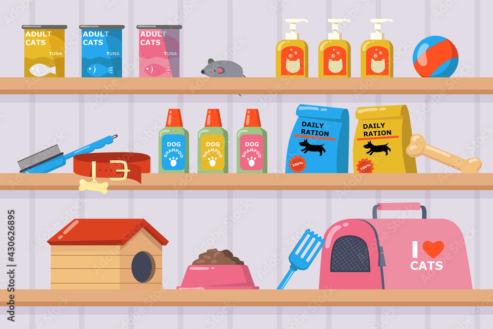 Shelves with goods in pet shop vector illustration. Items for pets, dog and cat food, shampoo, toy mouse, bone, ball, collar, brush, dog house, bowl, cat carrier. Pet shop, domestic animals concept