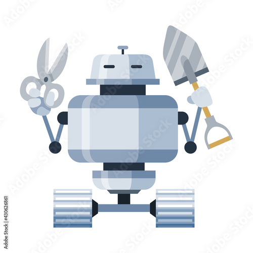 Robot gardener on wheels holding pruner, shovel cartoon icon. Android caring for plants.