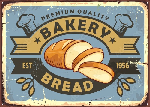 Old fashioned bakery sign with bread loaf and decorative ribbons. Vintage bakery sign. Retro poster design with baked goods and pastries.