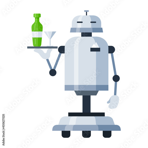Humanoid robot maid holding bottle, cocktail glass on tray icon. Android home helper.