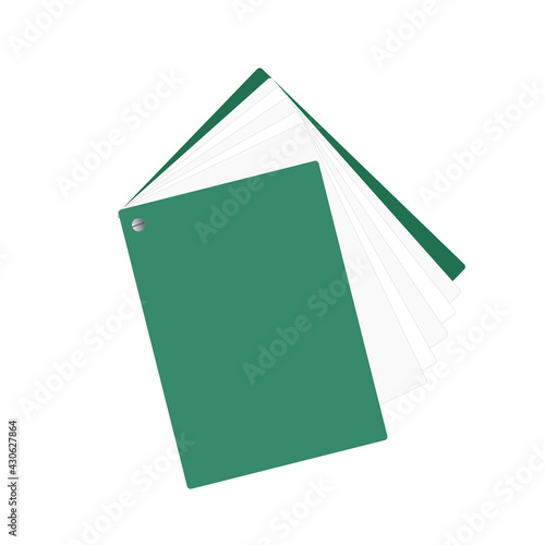Mock up of blank book, notebook, notepad, magazine, booklet, brochure. Vector 3D illustration of a green notepad on a white background for your design. Pages of the notebook connected with a rivet