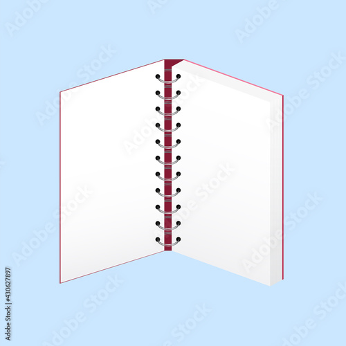 Mock up of blank open book, notebook, notepad, magazine. Vector 3D illustration of a red notebook on a blue background for your design with circular spiral binding. Silver spiral