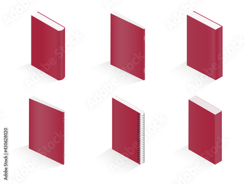 Books. Set of vector isometric illustrations of notebook, notepad, magazine, booklet, brochure, book isolated on white background.