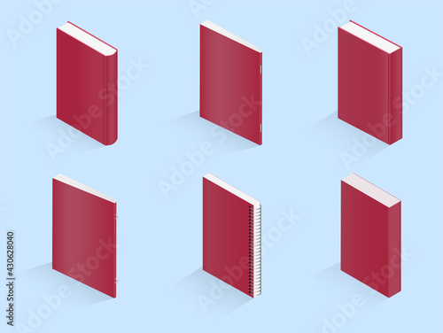 Set of vector isometric illustrations of book, notebook, notepad, magazine, booklet, brochure, book on a blue background. Notebooks open and closed