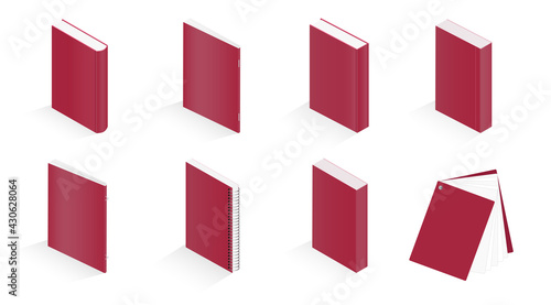 Books. Set of vector isometric illustrations of notebook, notepad, magazine, booklet, brochure, book isolated on white background.