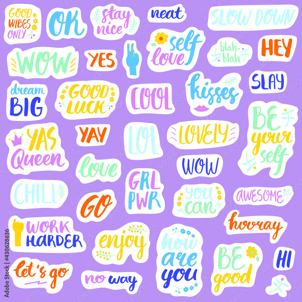 Collection of stickers with frequently used words and phrases. Set of trendy lettering for weekly or daily planner,  scheduler, organizer and diaries. Cute funny signs and symbols. Isolated on white.