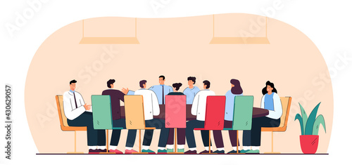 Business people or politicians sitting around table in boardroom. Flat vector illustration. .Team of men and women talking with leader or ceo. Negotiation, teamwork, session concept for banner design