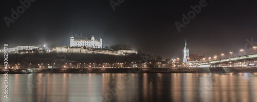 Photography Historical Bratislava above Danube river, the bridge; Bratislava at night, Slova