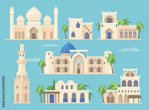 Cartoon set of different Arabic buildings in traditional style. Flat vector illustration. Islamic heritage, old African or Indian castles. Arabic, ancient architecture, Taj Mahal, bazaar concept