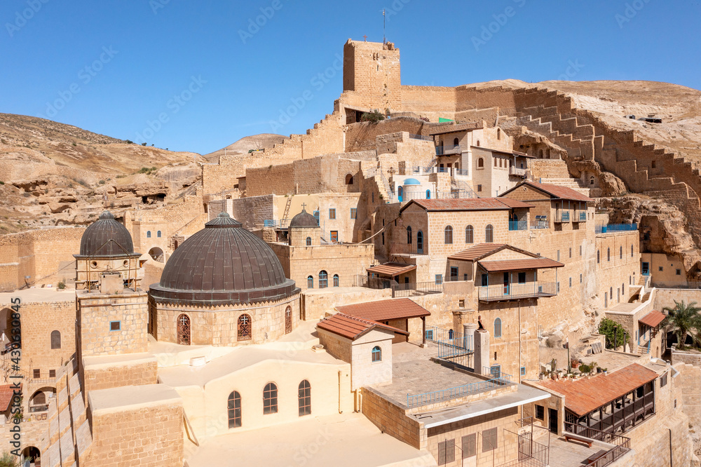 Fototapeta premium Mar Saba Greek Orthodox Monastery in Israel Judaean Desert, Aerial view.