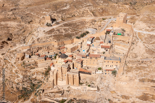 Mar Saba Greek Orthodox Monastery in Israel Judaean Desert, Aerial view.