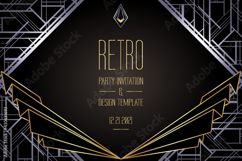 Art Deco vintage gold and silver design element over black. Retro party geometric background set 1920 style. Vector illustration for glamour party, thematic wedding or textile prints.