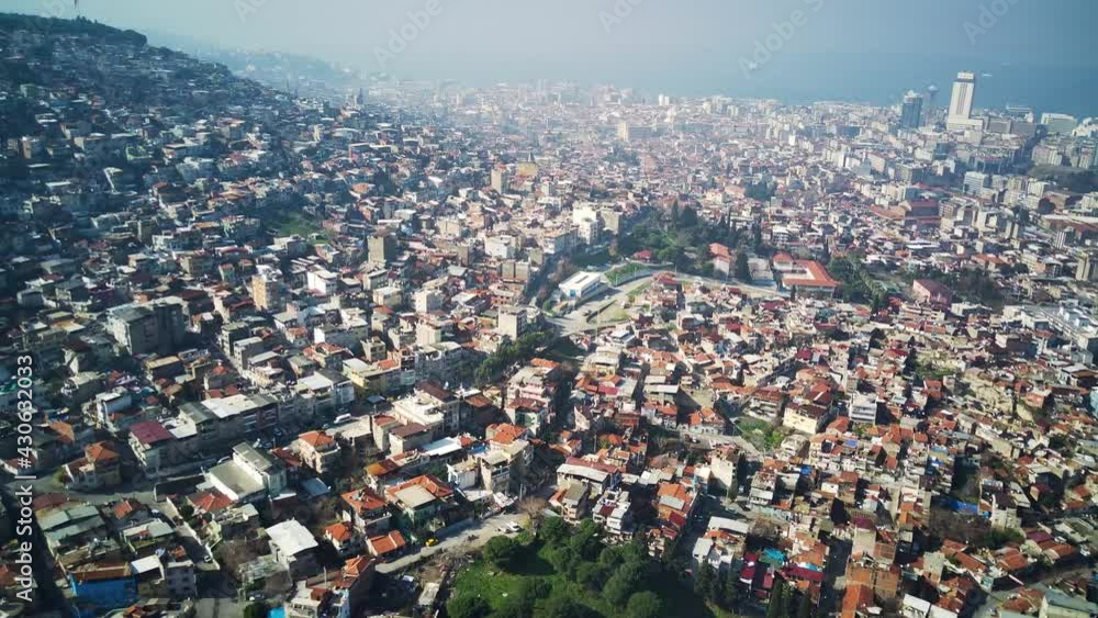 Drone view on poverty slum district and muslim mosque. Amazing high angle drone footage.
