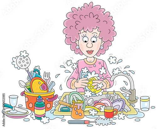 Everyday homework, a cute young woman washing dishes, pans, forks and spoons with liquid soap in her kitchen after dinner, vector cartoon illustration on a white background