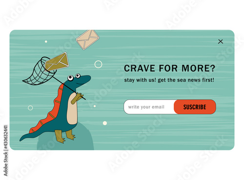 Subscribe cartoon vector mailout template with ancient dino. Cute dino catching envelope with hand net and subscription button. Dinosaur, history, ancient concept for website design or landing page