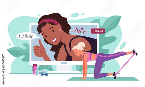 Cartoon active young sportive woman character in sportswear training with sport equipment via internet video call to trainer background. Fitness trainer online, sports workout vector illustration.