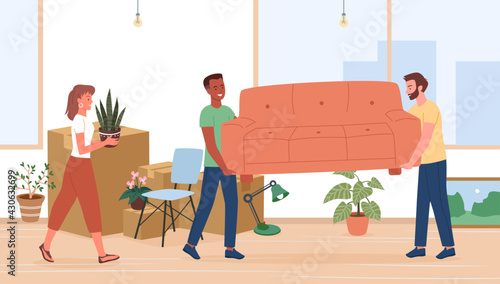 Family move to new house or home apartment vector illustration. Cartoon happy woman with flower pot, young man characters holding sofa furniture, preparing belongings for moving relocation background.