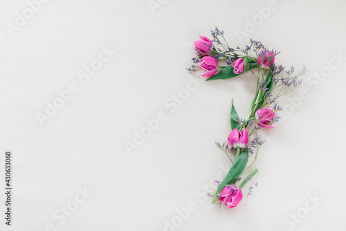 Composition of flowers. Flower number 7. Composition of tulips and lavender. Isolated on a white background.
