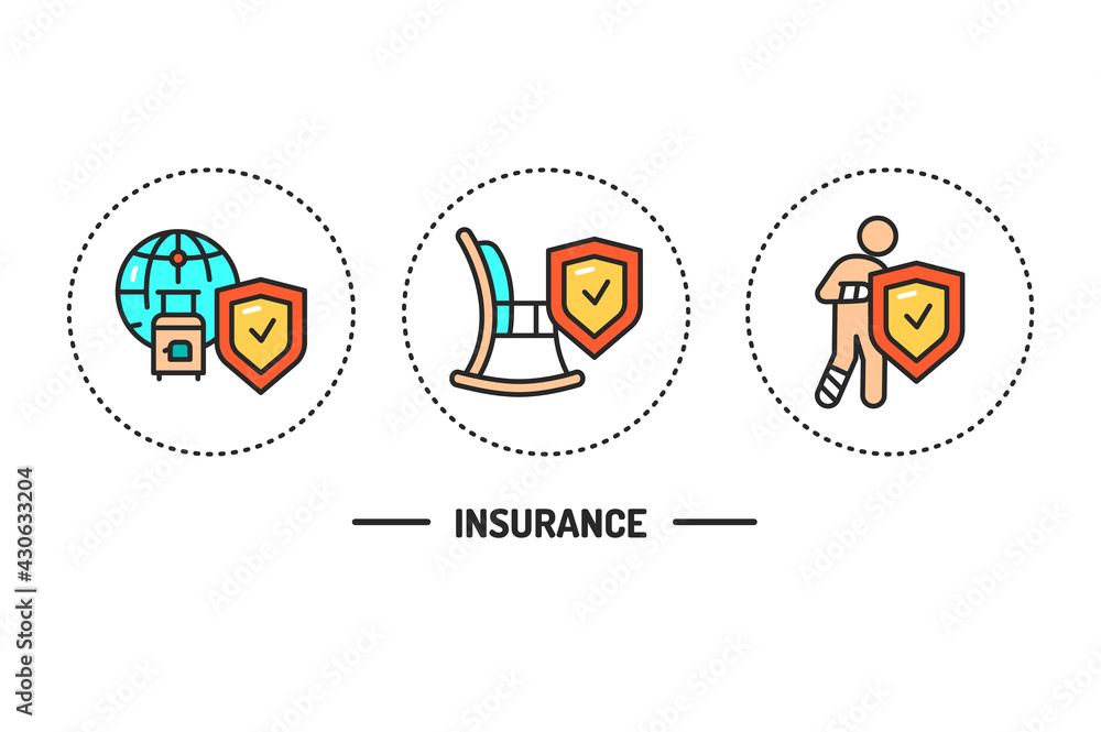 Obraz premium Insurance color line icons concept. Pictograms for web page, mobile app, promo.