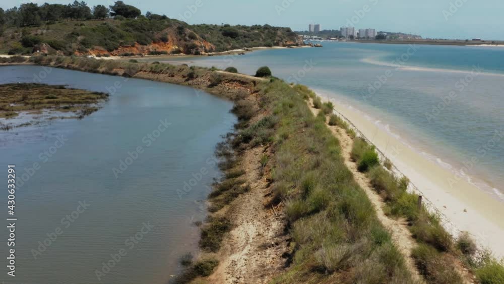 Aerial view from a lake in Alvor, Portugal. It shows clear water, a mussel farm and a scenic landscape in the south of Europe. Aerial view from a lake in Alvor, Portugal. It shows clear water, a mussel farm and a scenic landscape in the south of Europe.