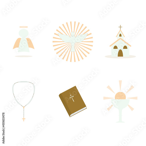 Set of Catholic Symbols Vector - rosary, holy spirit, church, angel, bible and eucharist