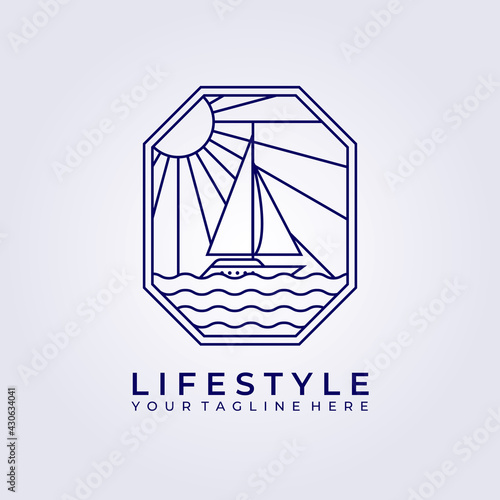 wanderlust adventure sail ship boat logo vector icon line art simple illustration design frame logo badge emblem